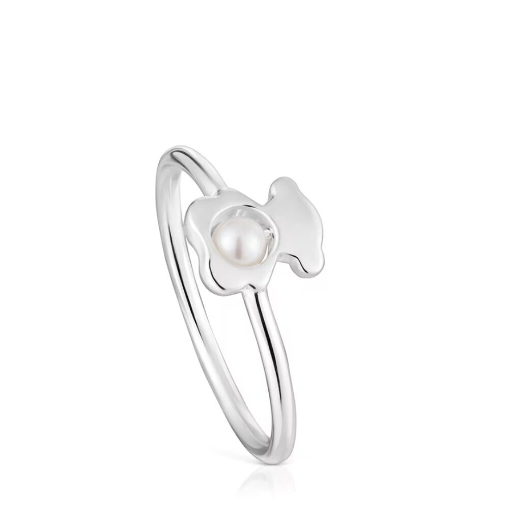 Tous Small silver bear Ring with cultured pearl I-Bear Size 7